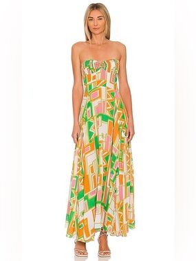 SWF Solstice Strapless Geometric Print Maxi Dress in Green & Orange